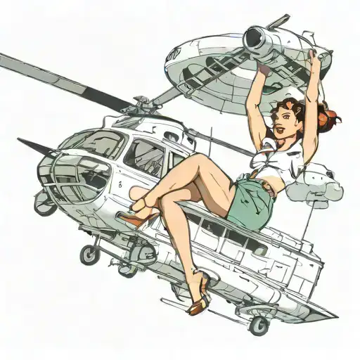 Pin up girl swinging underneath a helicopter hovering tattoo design idea