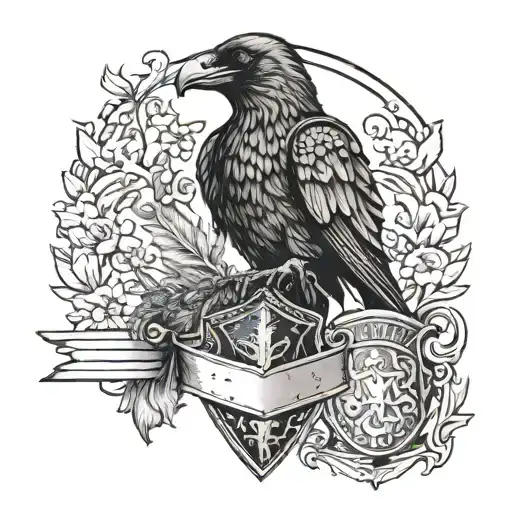 family crest with a raven perched on a knight's helmet. the knight is holding a shield with the English cross tattoo design idea
