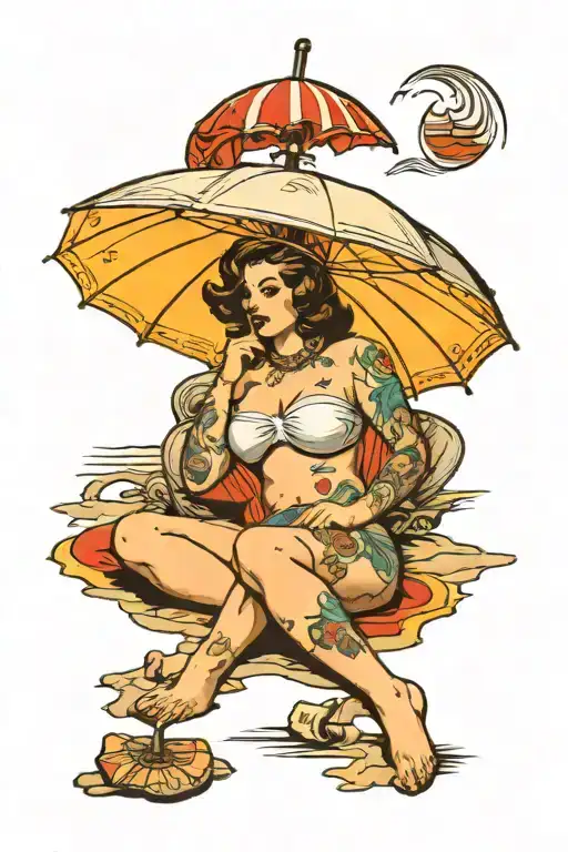 topless curvy woman laying on a beach towel next to an umbrella  tattoo design idea