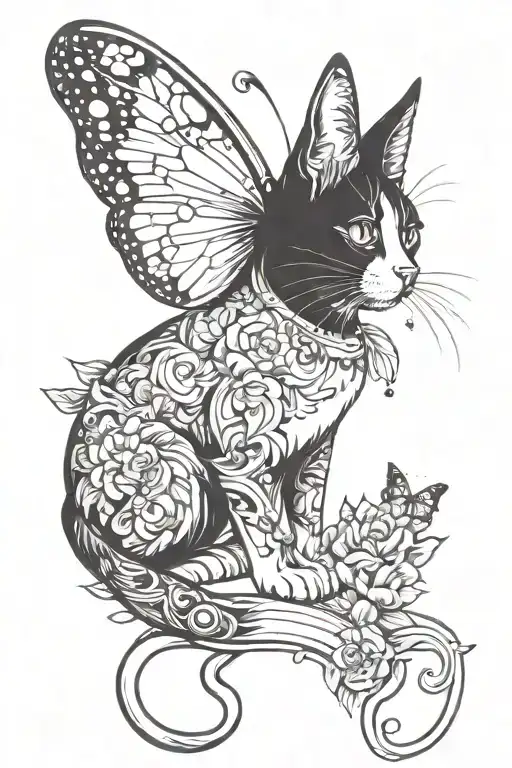 cat butterfly perched tattoo design idea