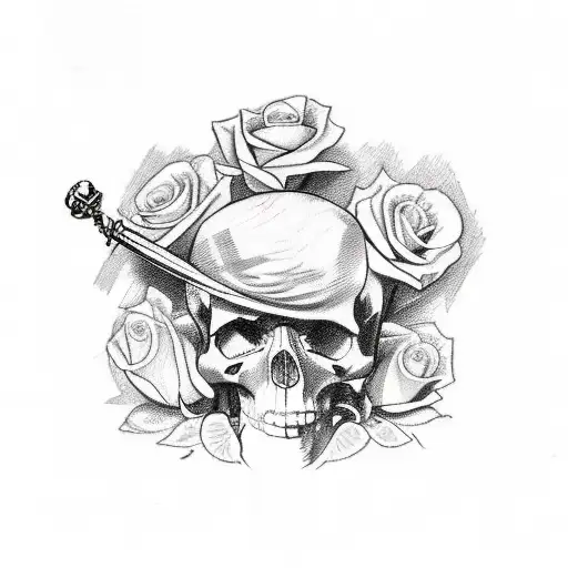A sketch-style tattoo of a Roman judge's gavel entwined with roses and skulls, representing the balance between justice and mortality tattoo design idea