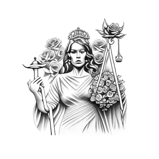 A realistic portrait of Lady Justice holding roses in her hands tattoo design idea