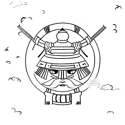 Drawing in Chinese samurai style with hieroglyphs tattoo design idea