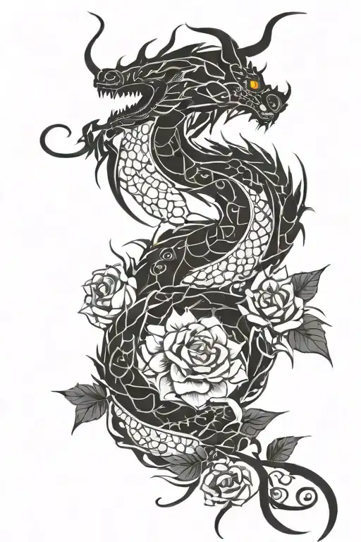 a dragon with lotus flowers and thorny rose branches tattoo design idea