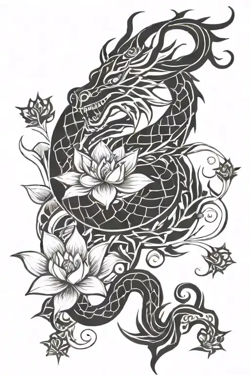 a simple dragon with lotus flowers tattoo design idea