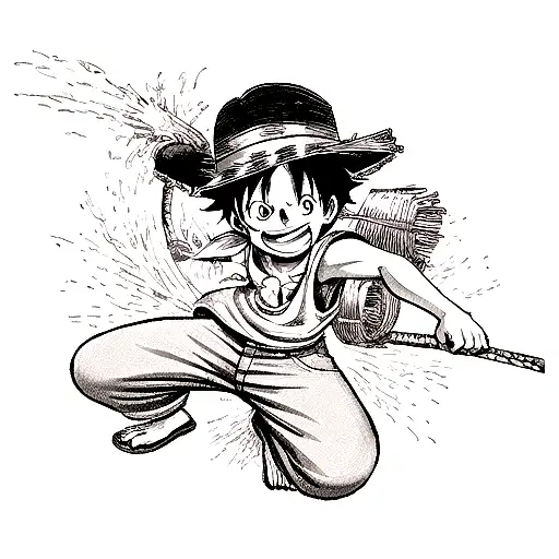 Write a sketch for a tattoo design that incorporates elements from the  anime One Piece, Cowboy