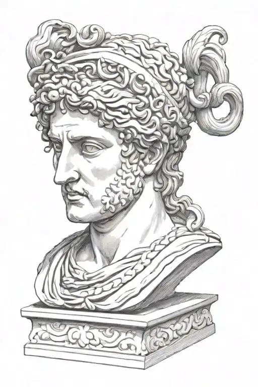 Bust of the God Apollo as if carved in wood and with a snake tattoo design idea