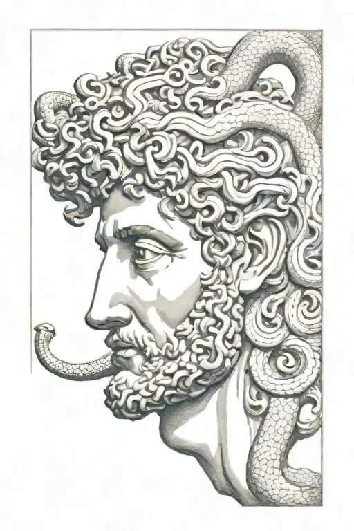 Nusto of the God Apollo as if carved in wood and with a snake crawling around his face tattoo design idea