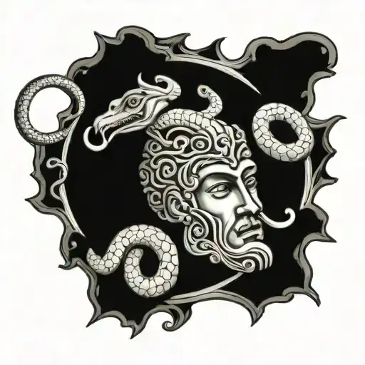 Nusto of the God Apollo as if carved in wood and with a snake crawling around his face tattoo design idea