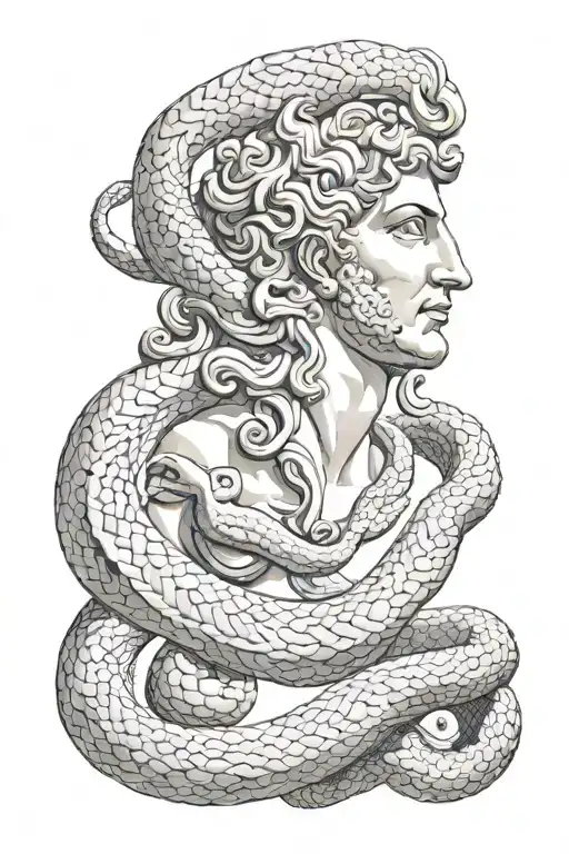 Nusto of the God Apollo as if carved in wood and with a snake crawling around his face tattoo design idea