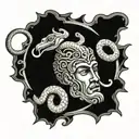 Nusto of the God Apollo as if carved in wood and with a snake crawling around his face tattoo design idea