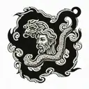 Nusto of the God Apollo as if carved in wood and with a snake crawling around his face tattoo design idea