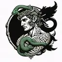 Nusto of the God Apollo as if carved in wood and with a snake crawling around his face tattoo design idea