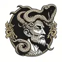 Nusto of the God Apollo as if carved in wood and with a snake crawling around his face tattoo design idea