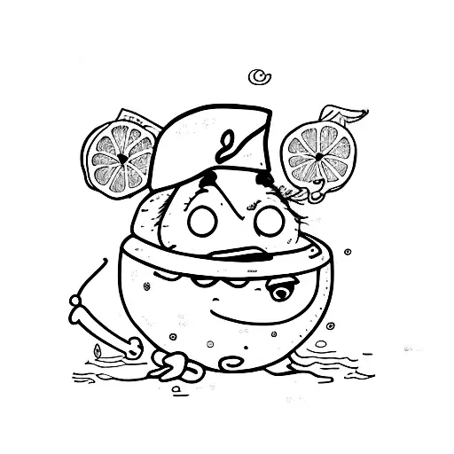 dran as a Doodle. single smilling Lemon in Center of Image. the Lemon wears a small hat tattoo design idea