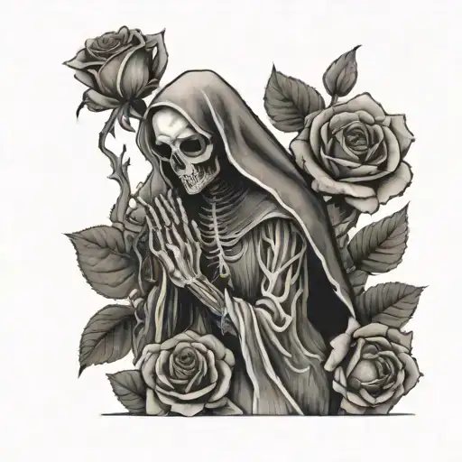 a skeletal nun praying in a garden with 6 roses tattoo design idea