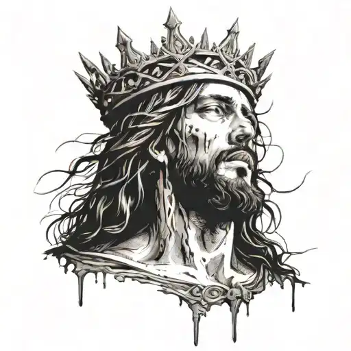 a jesus with a crown of spikes bleeding as he looks u to the sky tattoo design idea