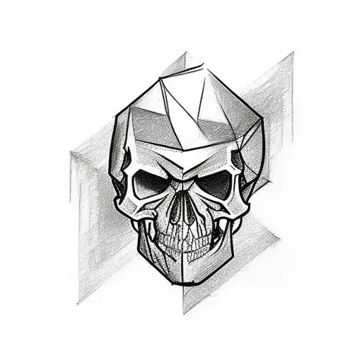 A sketch-style finger tattoo depicting a small cube with gothic architectural elements and a skull motif tattoo design idea