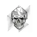 A sketch-style finger tattoo depicting a small cube with gothic architectural elements and a skull motif tattoo design idea