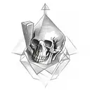 A sketch-style finger tattoo depicting a small cube with gothic architectural elements and a skull motif tattoo design idea