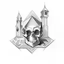 A sketch-style finger tattoo depicting a small cube with gothic architectural elements and a skull motif tattoo design idea