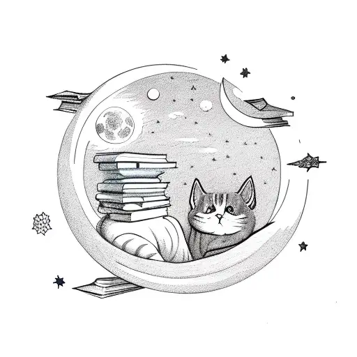 A stack of books with a cat sleeping on it, surrounded by moon phases and stars tattoo design idea