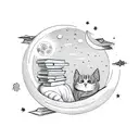 A stack of books with a cat sleeping on it, surrounded by moon phases and stars tattoo design idea