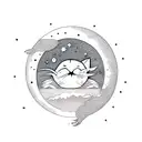A stack of books with a cat sleeping on it, surrounded by moon phases and stars tattoo design idea