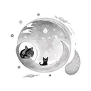 A stack of books with a cat sleeping on it, surrounded by moon phases and stars tattoo design idea