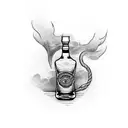 whiskey bottle with flames tattoo design idea
