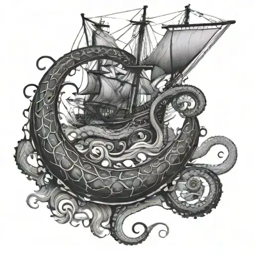 A majestic kraken emerging from the depths, wrapping its tentacles around a ship, symbolizing the sailor's respect for the sea's power tattoo design idea