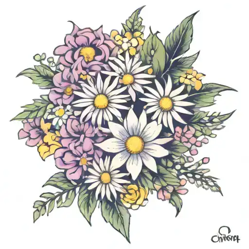case of flowers daisy lilac rose and edelweiss  tattoo design idea