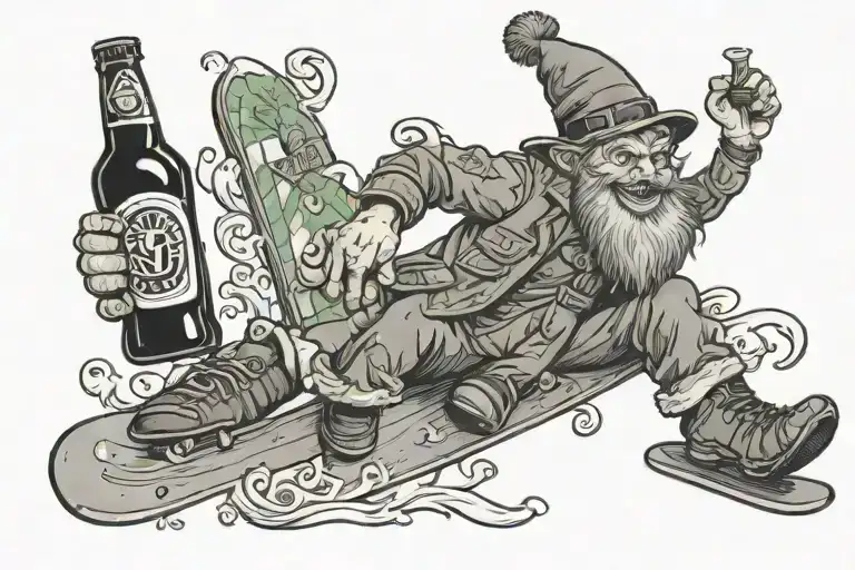 leprechaun on a snowboard, with a pint of guinness in one hand an a sign in the other tattoo design idea