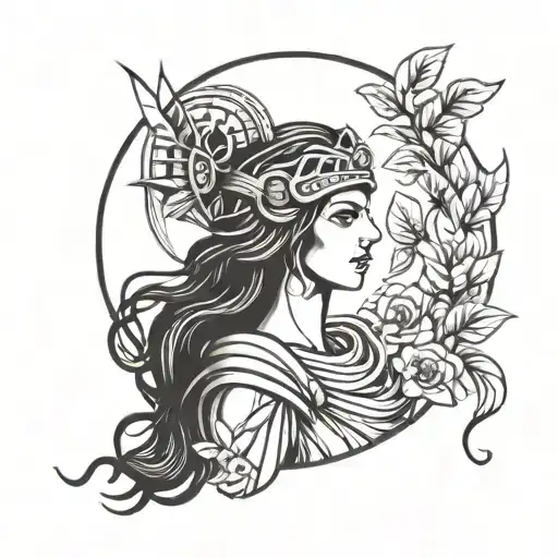 A modern interpretation of the goddess Athena in a minimalist blackwork style tattoo design idea