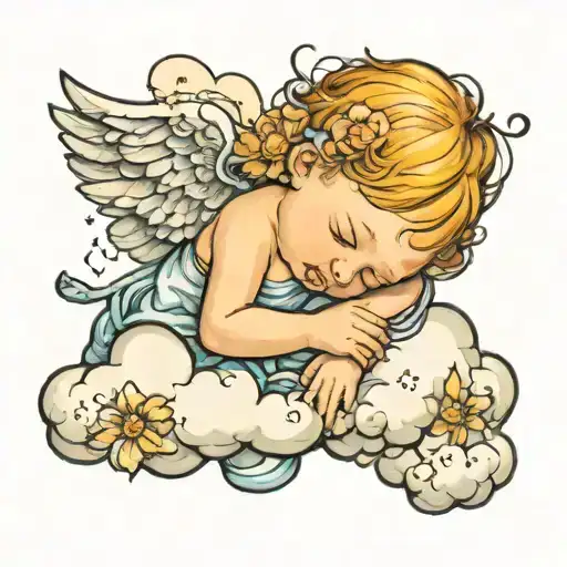 baby angel sleeping on clouds tattoo design idea