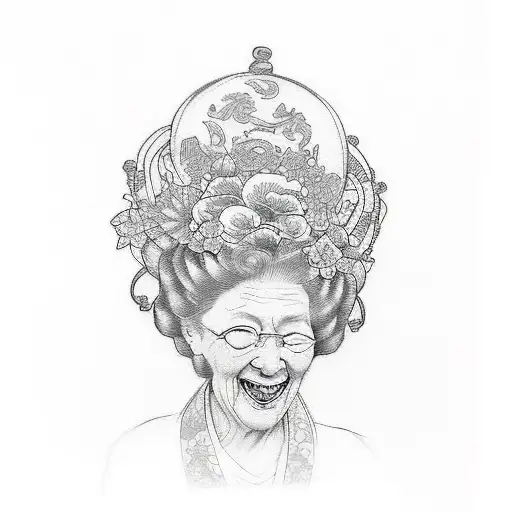 The tattoo sketch features a joyful depiction of your grandmother, Irene Wilhelm, in a cartoon-like style. She is situat tattoo design idea