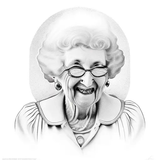 The tattoo sketch features a joyful depiction of your grandmother, Irene Wilhelm, in a cartoon-like style. She is situat tattoo design idea