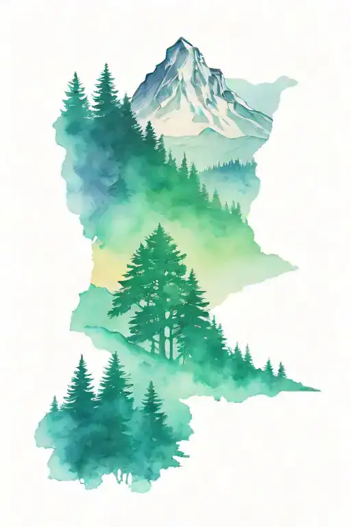 A mountain landscape with a hidden Bigfoot silhouette among the trees tattoo design idea