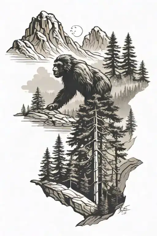 A mountain landscape with a hidden Bigfoot silhouette among the trees tattoo design idea