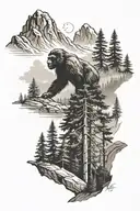 A mountain landscape with a hidden Bigfoot silhouette among the trees tattoo design idea