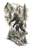 A mountain landscape with a hidden Bigfoot silhouette among the trees tattoo design idea