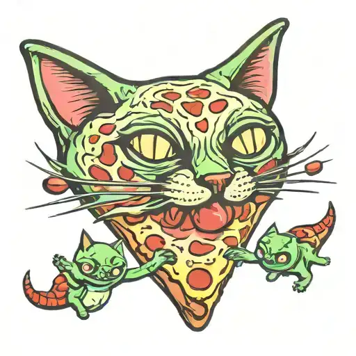 alien cats pizza slice tattoo design idea