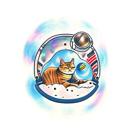 cat floating in space with astronaut helmet tattoo design idea