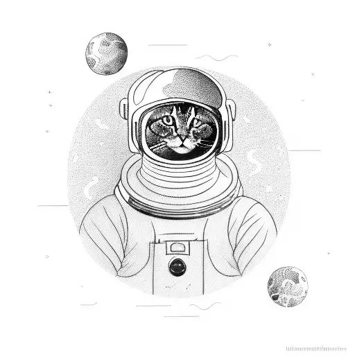 cat floating in space with astronaut helmet tattoo design idea