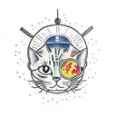 cat floating in space with astronaut helmet tattoo design idea