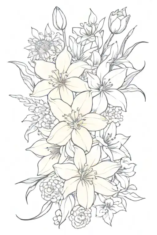 daffodils, lilies, roses, chrysanthemums, and carnations in a bouquet  tattoo design idea