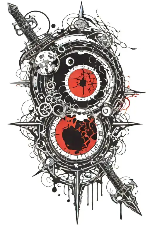 black hole,sword,three phases of the moon, old window tattoo design idea