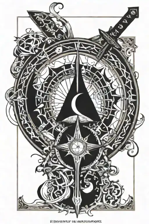 black hole,sword,three phases of the moon, old window tattoo design idea