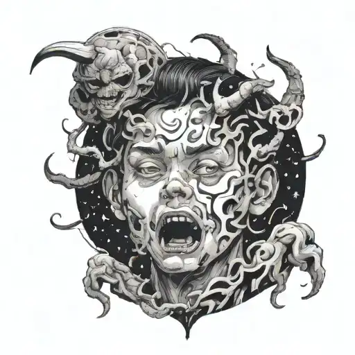 boy fighting demons in his head feels like he is cosmos child and broken tattoo design idea