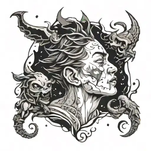 boy fighting demons in his head feels like he is cosmos child and broken tattoo design idea